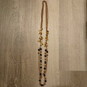 Women's Black Beads Leaf Shaped Gold Tone Long Chain Art Deco Style Necklace